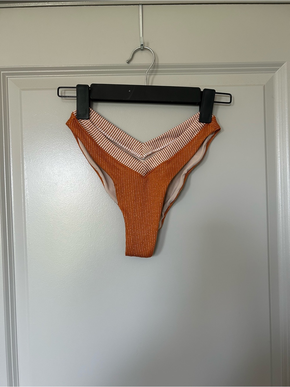 One one Ribbed High-Rise V‑Cut Bikini Bottom — Rust with Striped Waistband